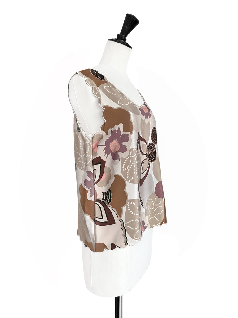 Final Sale! Rustic Floral Round Neck Scallop Silk Tank