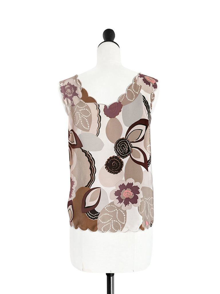 Final Sale! Rustic Floral Round Neck Scallop Silk Tank