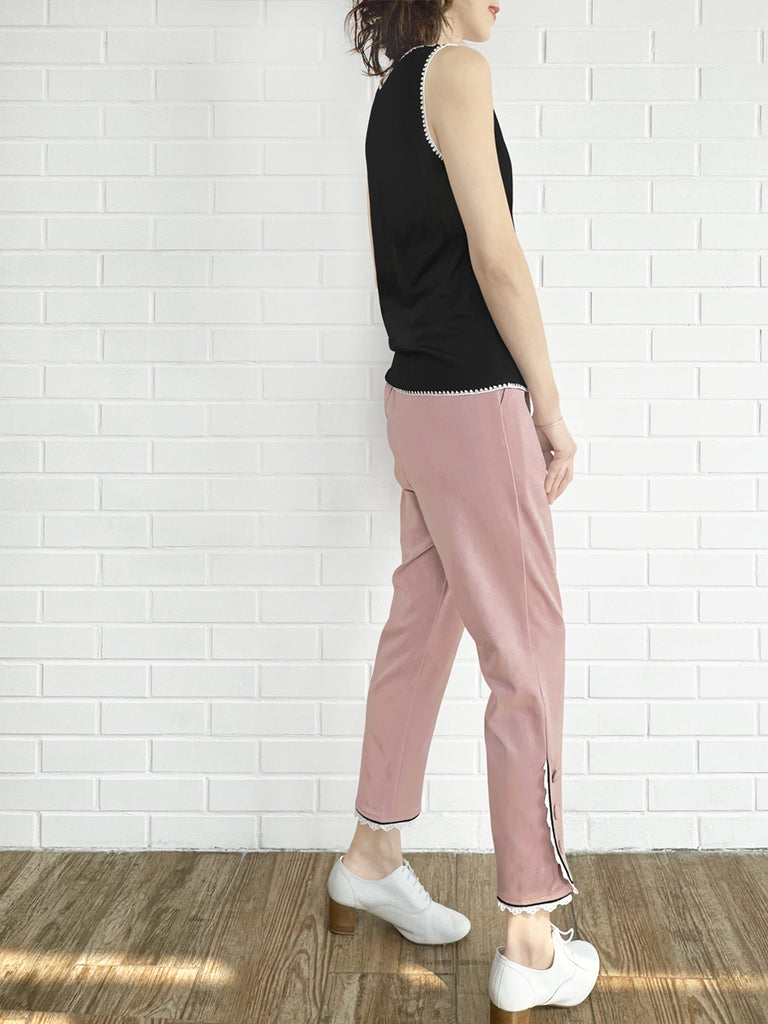 粉紅色撞色滾邊蕾絲細部錐形九分褲