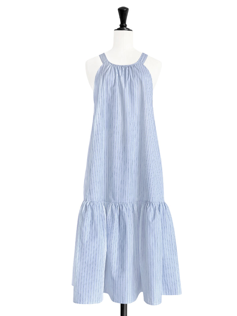 Surprise Sale! Blue Striped Cotton Halter Neck Cross-back Maxi Dress