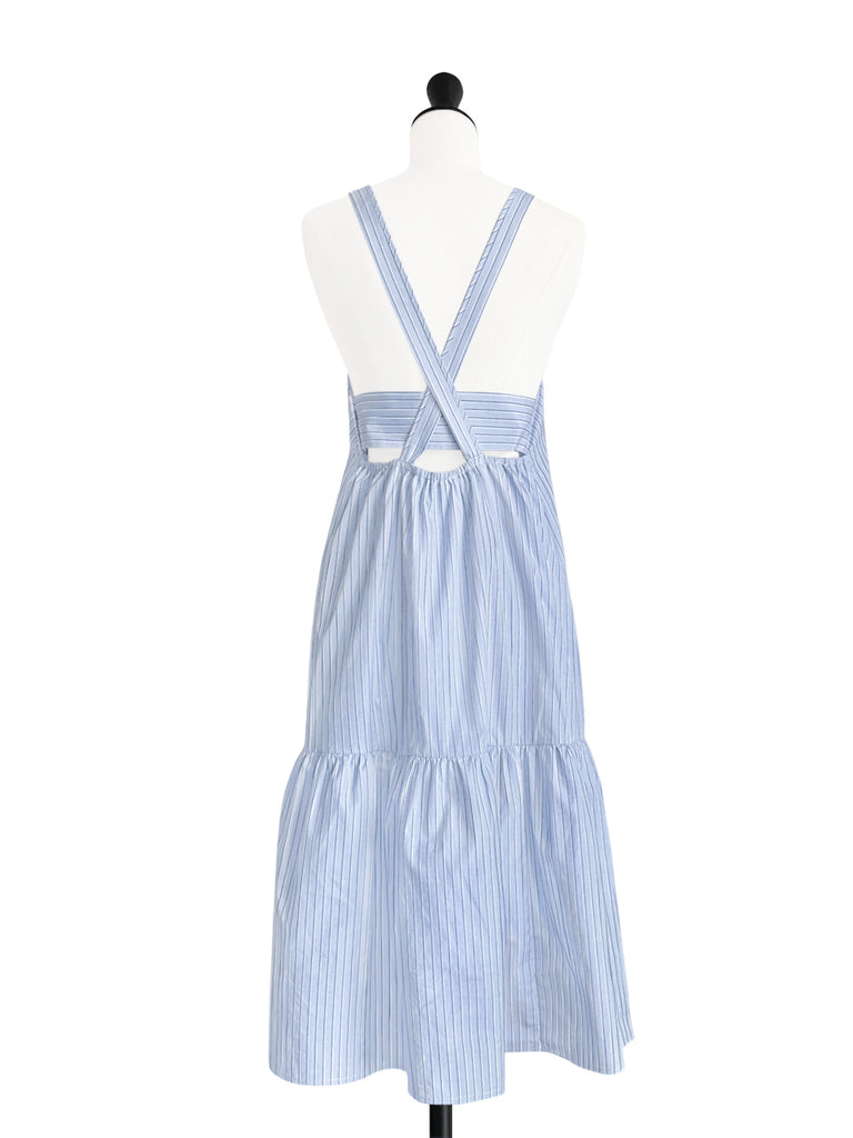 Surprise Sale! Blue Striped Cotton Halter Neck Cross-back Maxi Dress