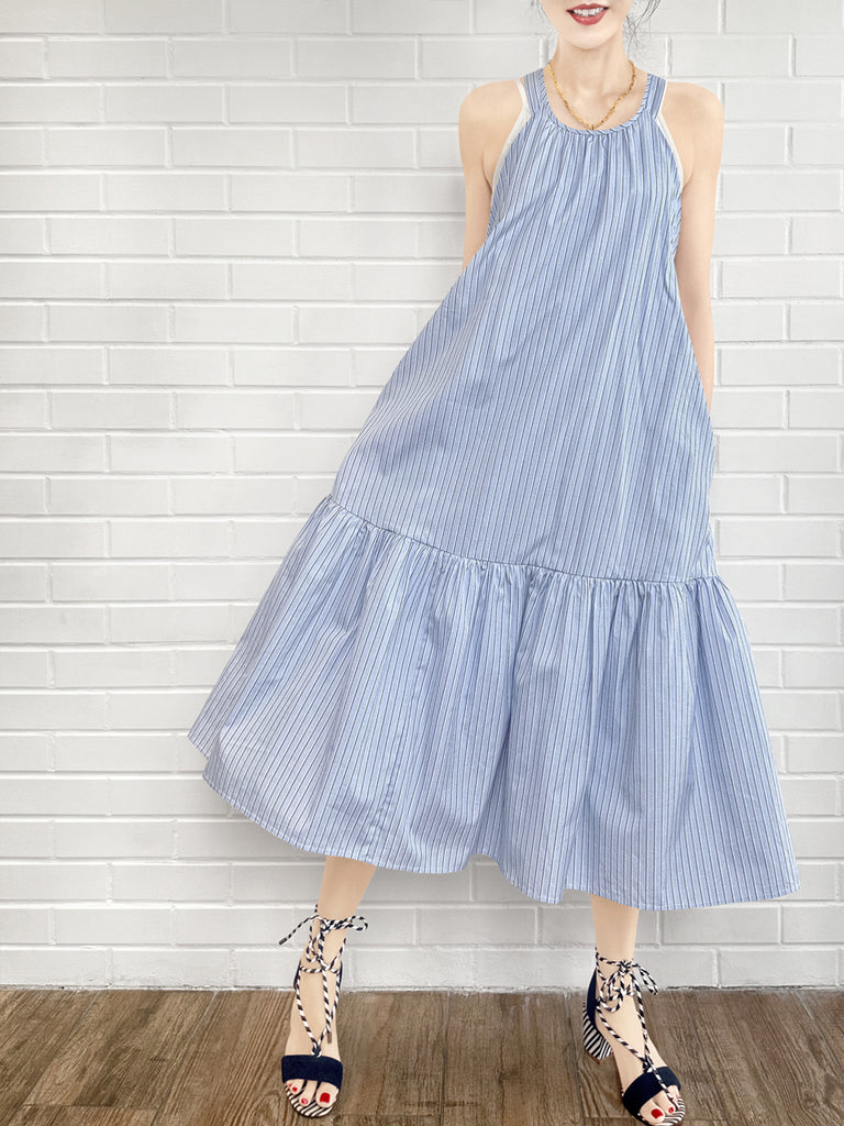 Surprise Sale! Blue Striped Cotton Halter Neck Cross-back Maxi Dress