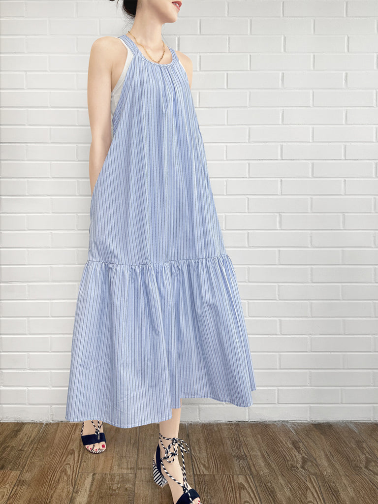 Surprise Sale! Blue Striped Cotton Halter Neck Cross-back Maxi Dress