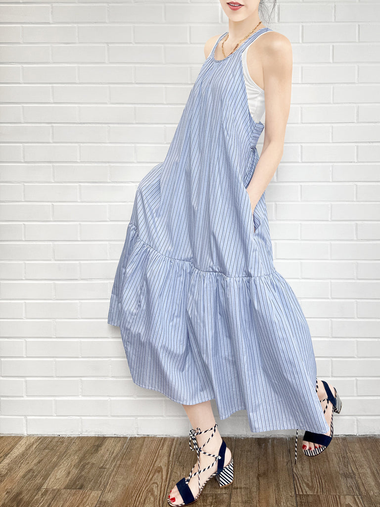 Surprise Sale! Blue Striped Cotton Halter Neck Cross-back Maxi Dress