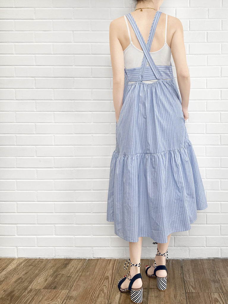 Surprise Sale! Blue Striped Cotton Halter Neck Cross-back Maxi Dress