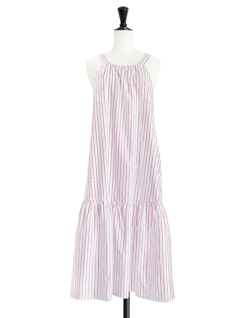 驚喜促銷!紅色條紋棉質掛脖交叉背長洋裝