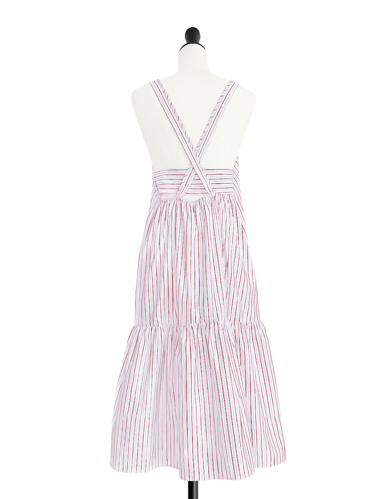 驚喜促銷!紅色條紋棉質掛脖交叉背長洋裝