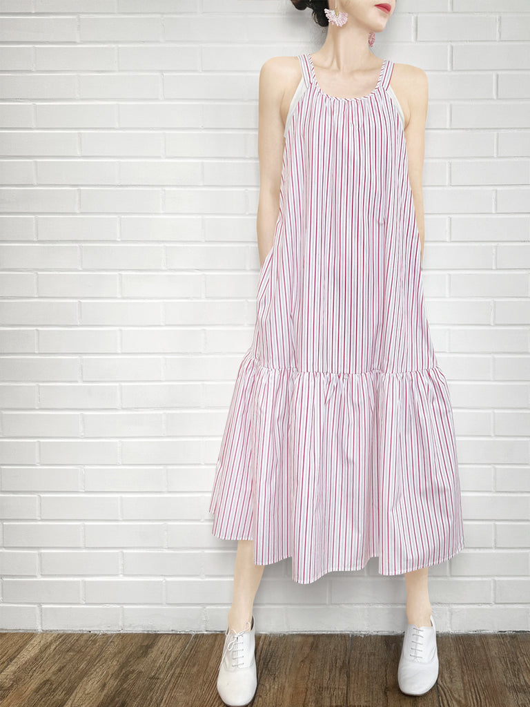 驚喜促銷!紅色條紋棉質掛脖交叉背長洋裝