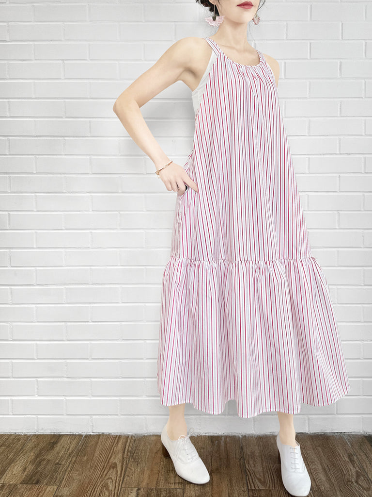 驚喜促銷!紅色條紋棉質掛脖交叉背長洋裝