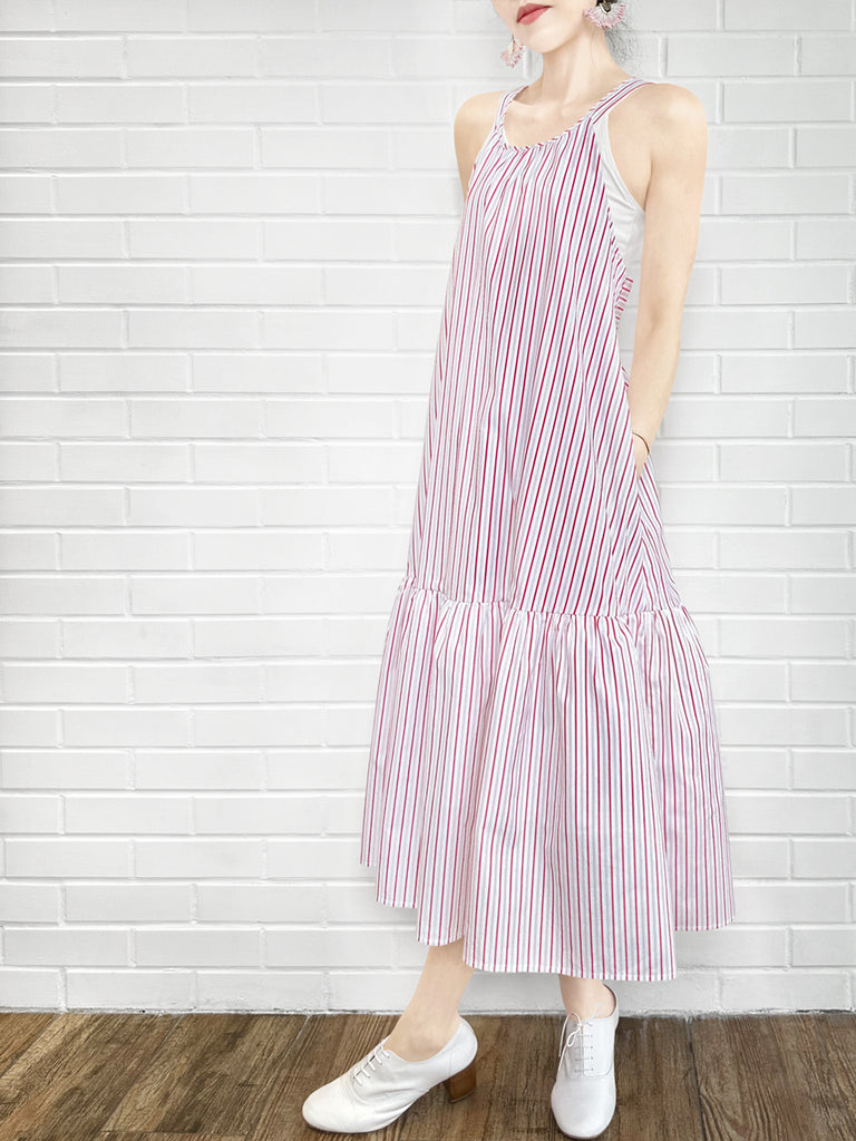 驚喜促銷!紅色條紋棉質掛脖交叉背長洋裝