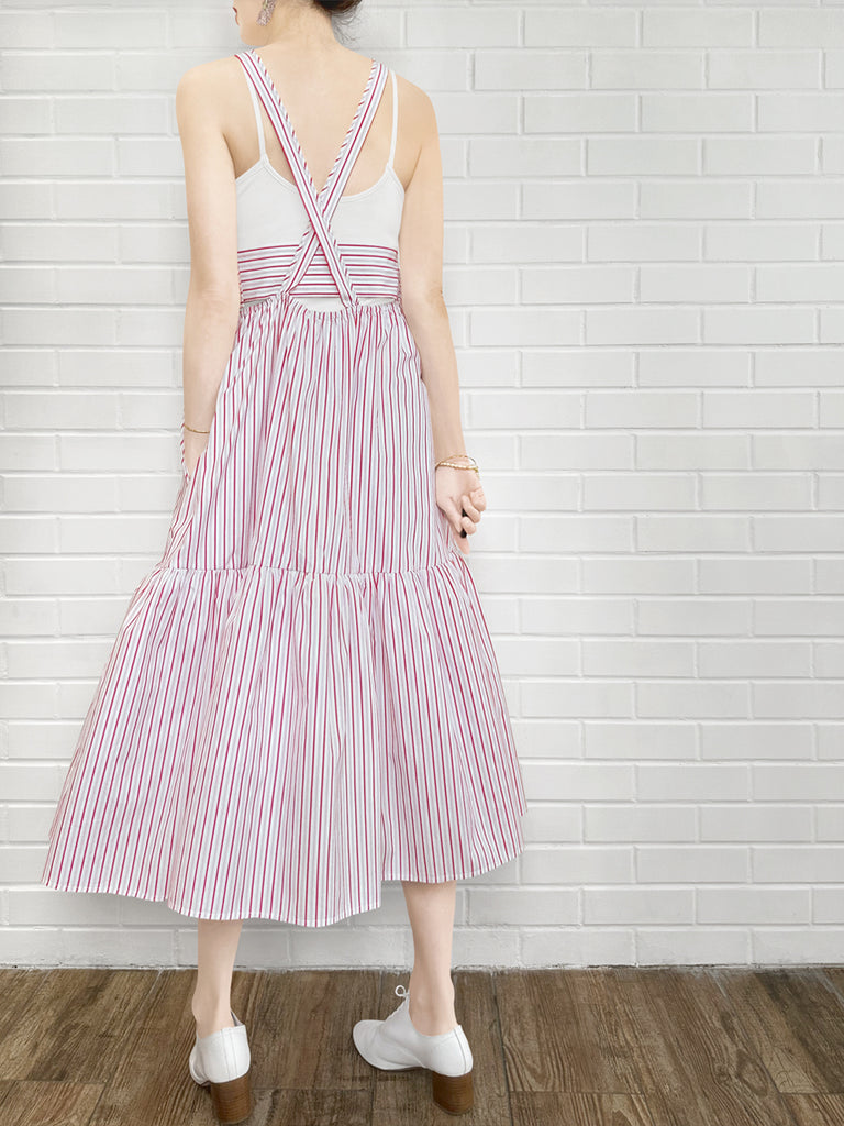 驚喜促銷!紅色條紋棉質掛脖交叉背長洋裝