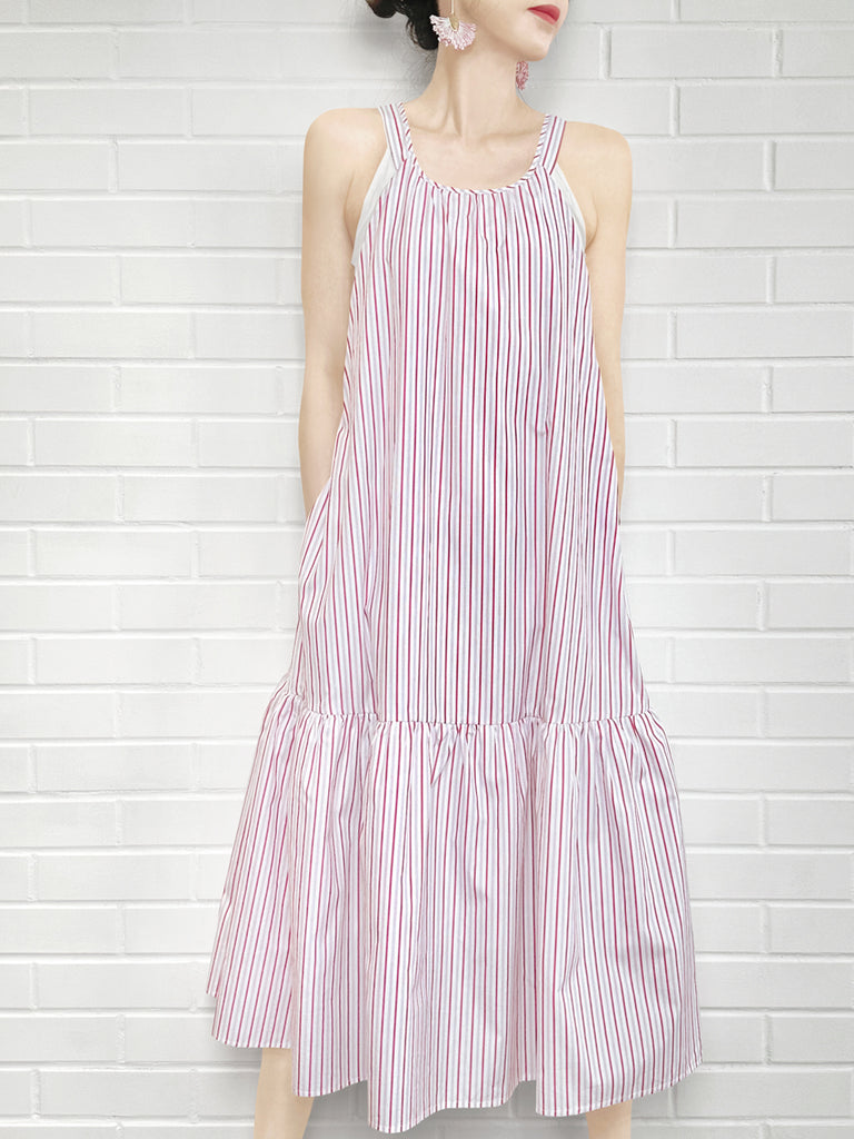 驚喜促銷!紅色條紋棉質掛脖交叉背長洋裝