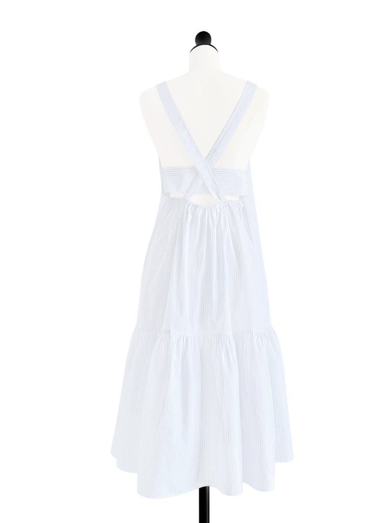 Surprise Sale! White Striped Cotton Halter Neck Cross-back Maxi Dress