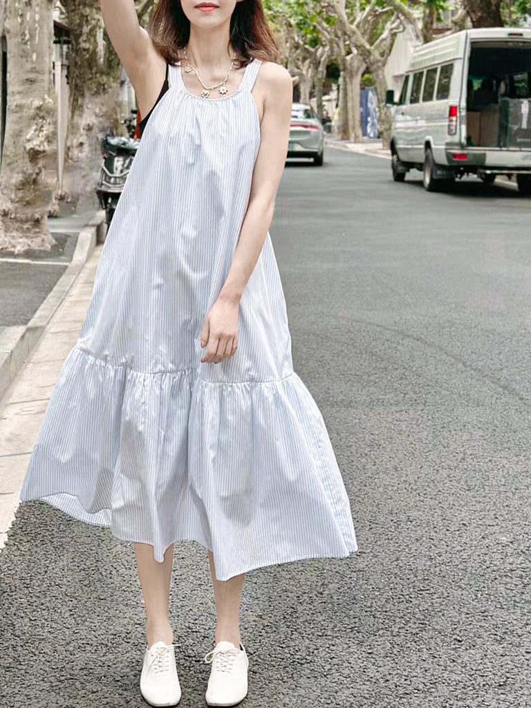 Surprise Sale! White Striped Cotton Halter Neck Cross-back Maxi Dress