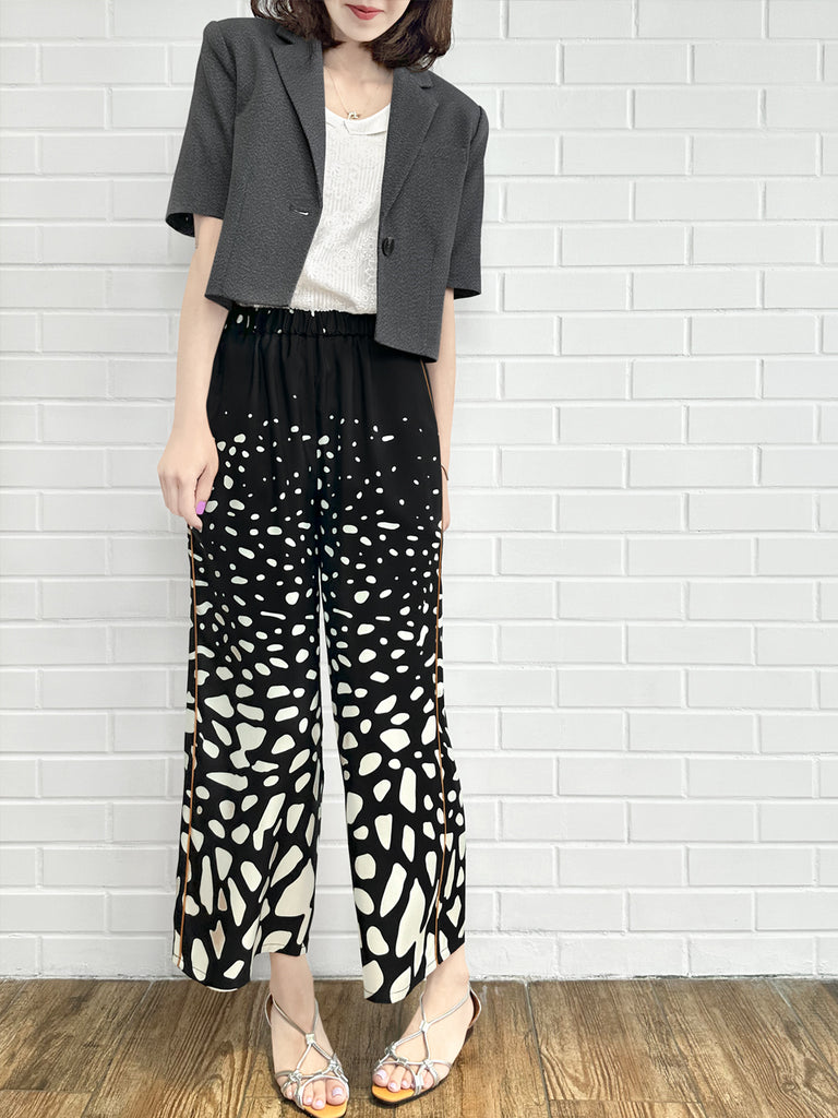 Final Sale! Mono Gradate Dots Contrast Piping Silky Cropped Trousers