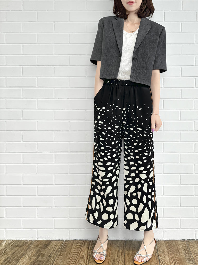 Final Sale! Mono Gradate Dots Contrast Piping Silky Cropped Trousers