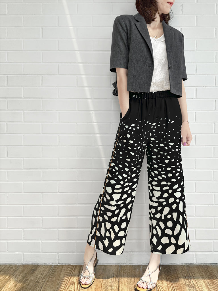 Final Sale! Mono Gradate Dots Contrast Piping Silky Cropped Trousers