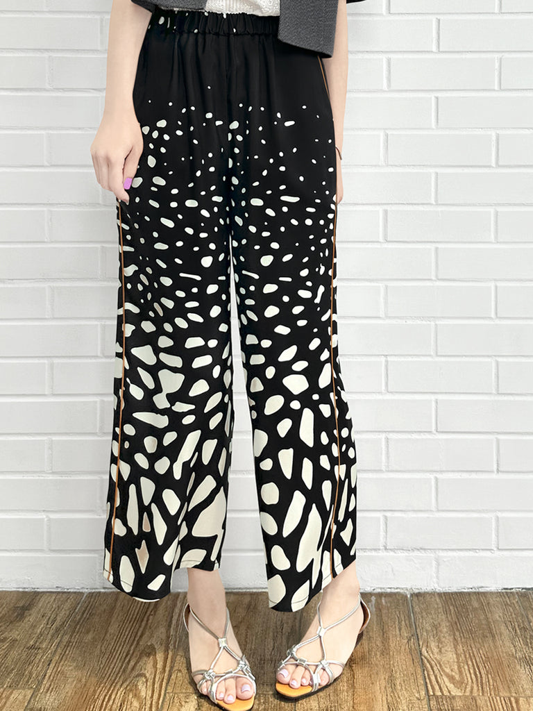 Final Sale! Mono Gradate Dots Contrast Piping Silky Cropped Trousers