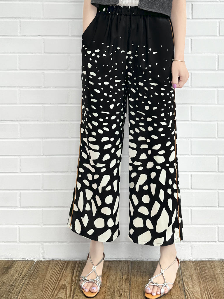 Final Sale! Mono Gradate Dots Contrast Piping Silky Cropped Trousers