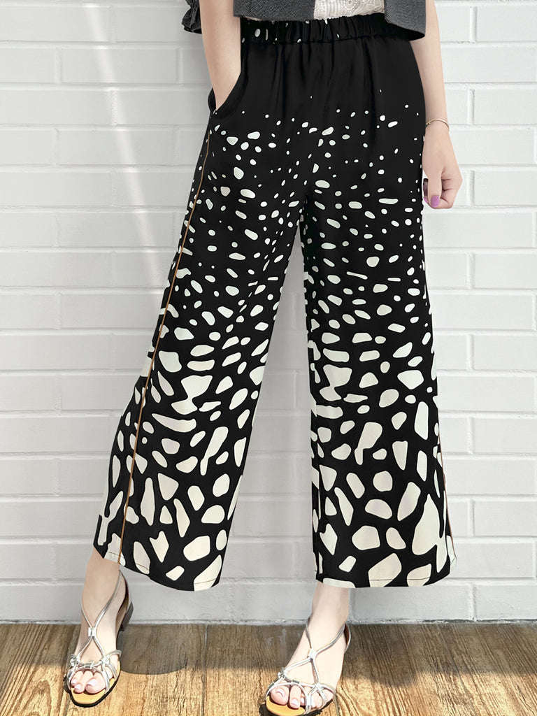 Final Sale! Mono Gradate Dots Contrast Piping Silky Cropped Trousers