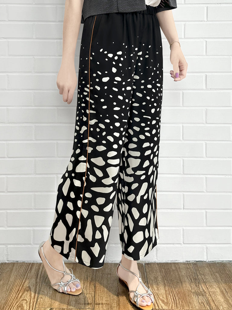 Final Sale! Mono Gradate Dots Contrast Piping Silky Cropped Trousers