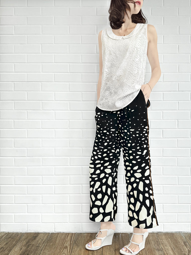 Final Sale! Mono Gradate Dots Contrast Piping Silky Cropped Trousers