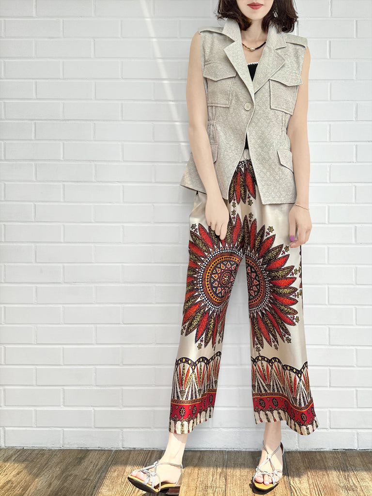 Final Sale! Mahogany Gold Mandala Contrast Piping Silky Cropped Trousers
