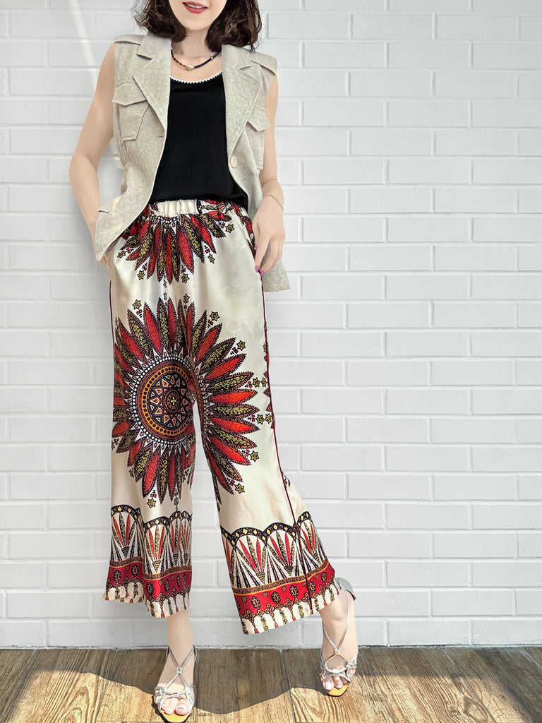 Final Sale! Mahogany Gold Mandala Contrast Piping Silky Cropped Trousers