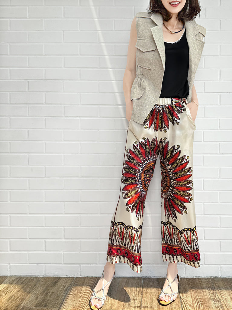 Final Sale! Mahogany Gold Mandala Contrast Piping Silky Cropped Trousers