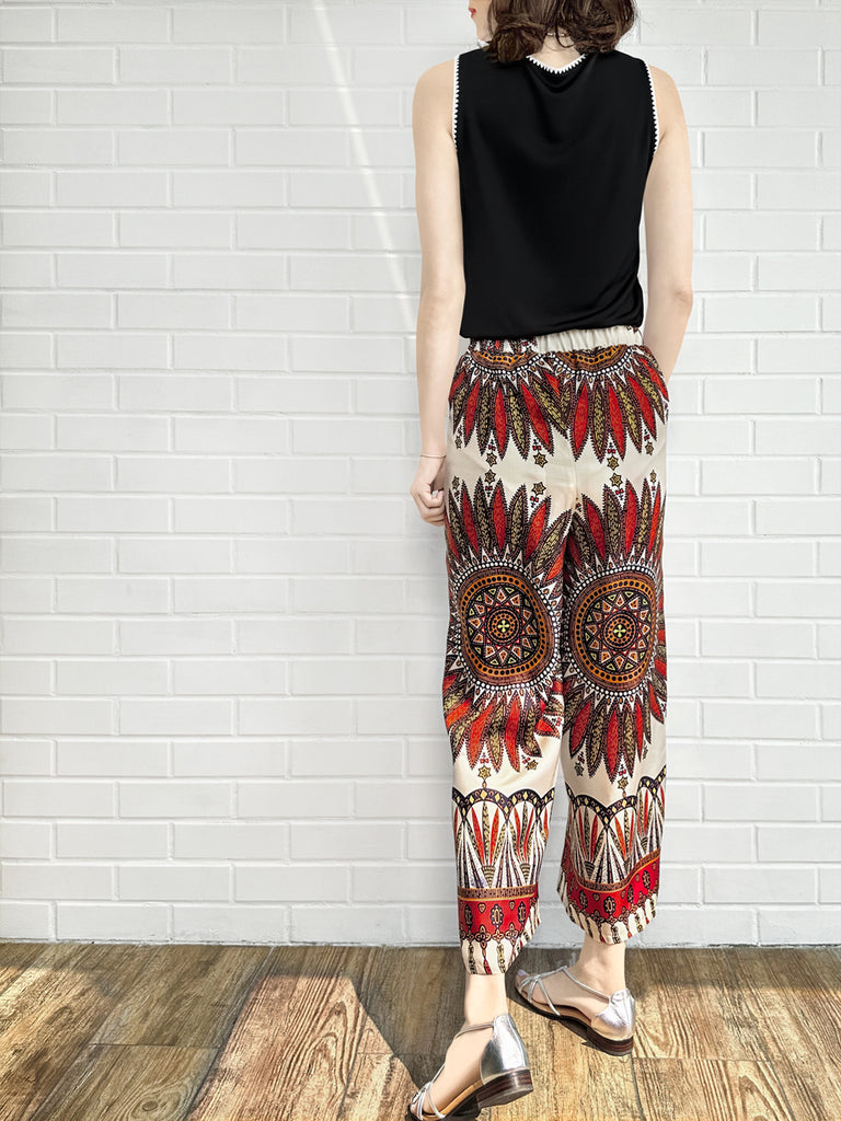 Final Sale! Mahogany Gold Mandala Contrast Piping Silky Cropped Trousers