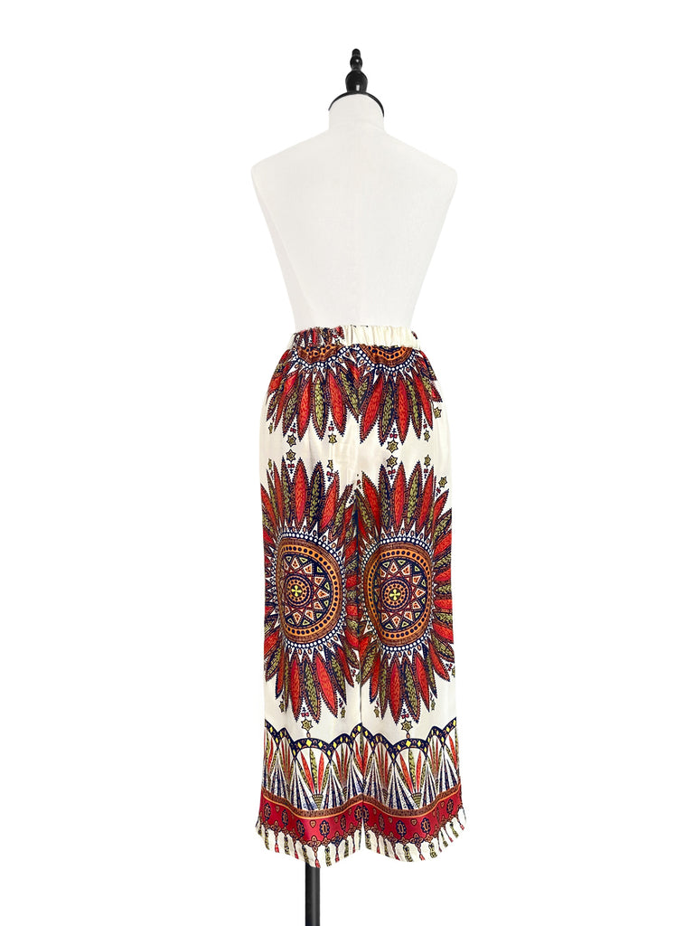 Final Sale! Mahogany Gold Mandala Contrast Piping Silky Cropped Trousers