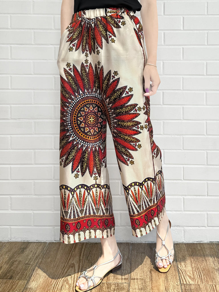 Final Sale! Mahogany Gold Mandala Contrast Piping Silky Cropped Trousers