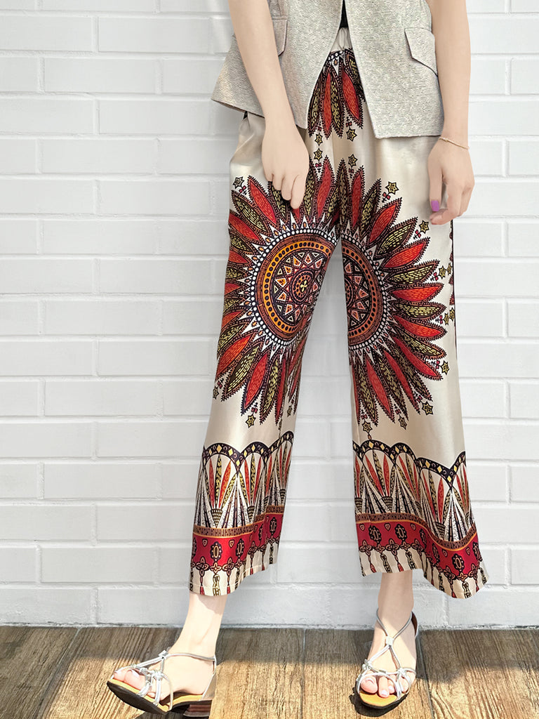 Final Sale! Mahogany Gold Mandala Contrast Piping Silky Cropped Trousers