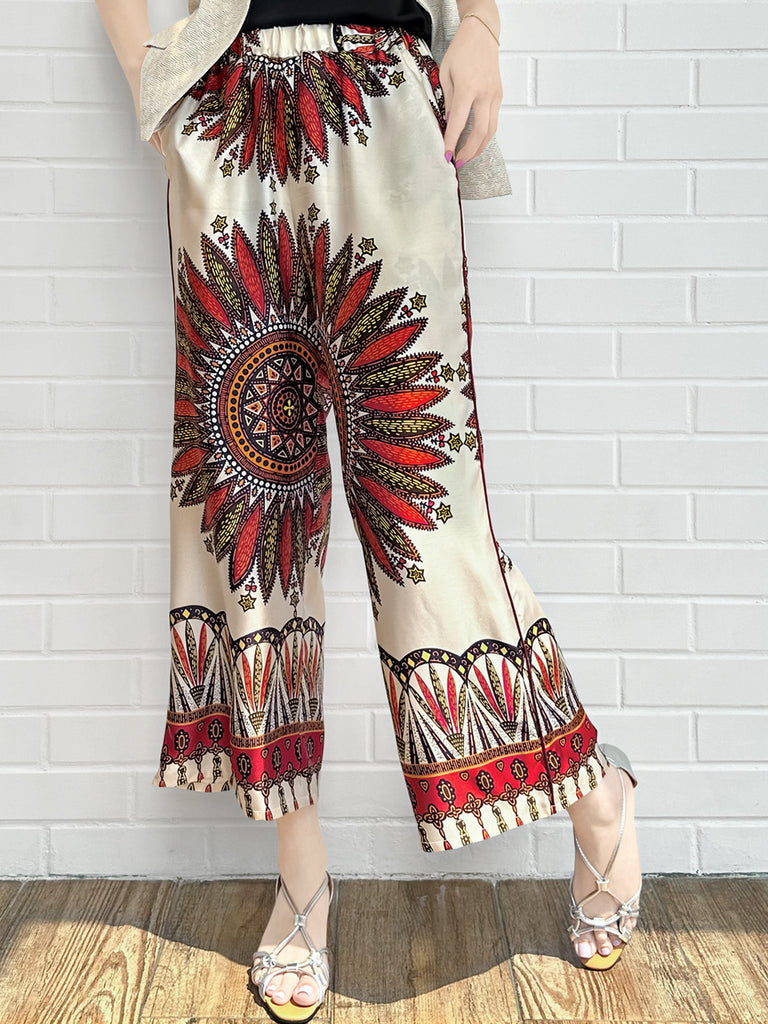 Final Sale! Mahogany Gold Mandala Contrast Piping Silky Cropped Trousers