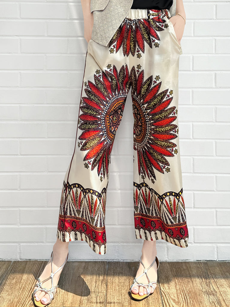 Final Sale! Mahogany Gold Mandala Contrast Piping Silky Cropped Trousers