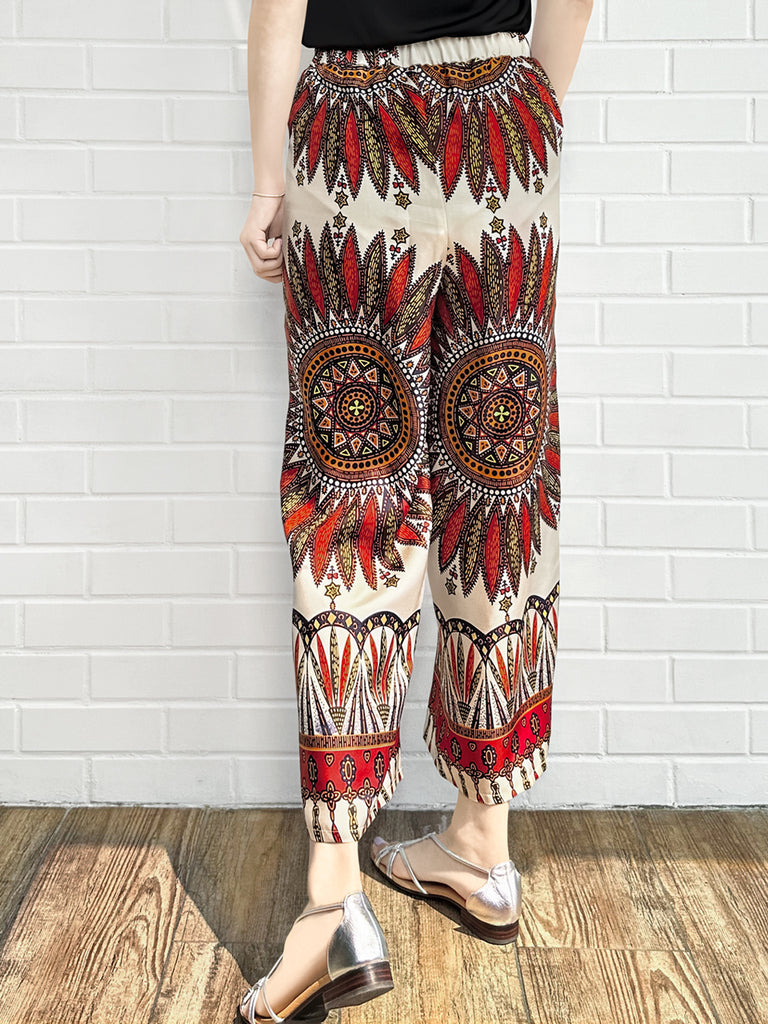 Final Sale! Mahogany Gold Mandala Contrast Piping Silky Cropped Trousers