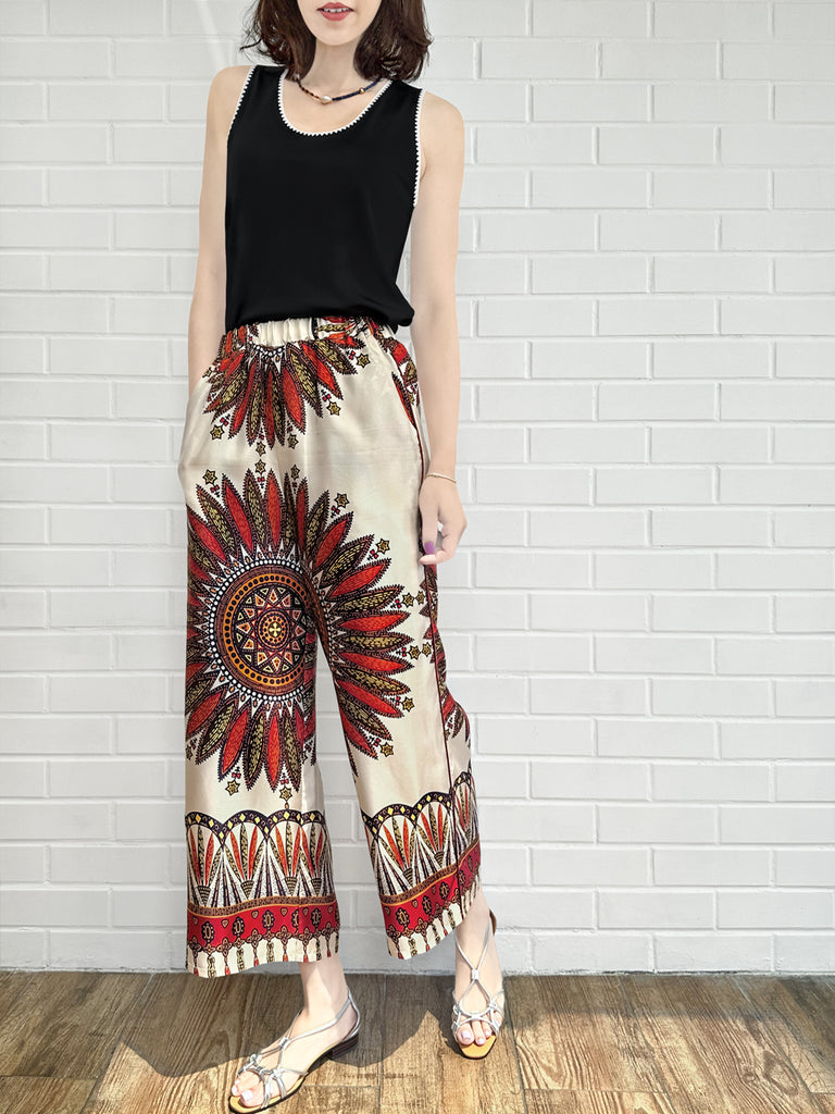 Final Sale! Mahogany Gold Mandala Contrast Piping Silky Cropped Trousers