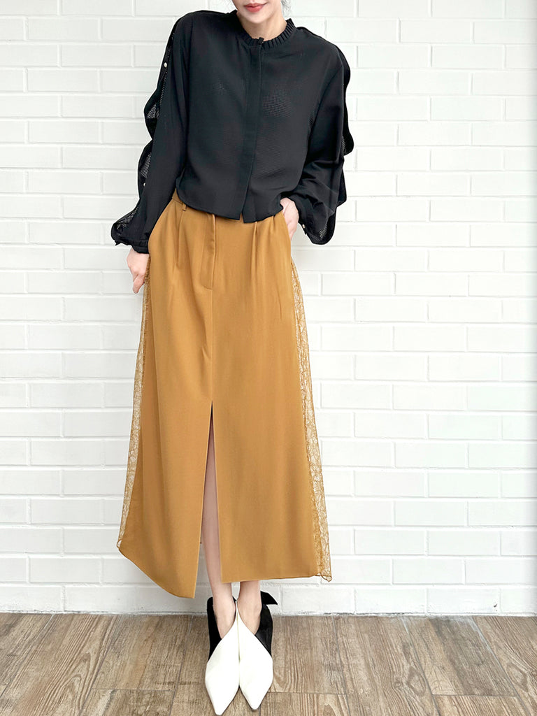 Last Chance! Black Pleated Pearly Buttons Slit Sleeves Cropped Blouse