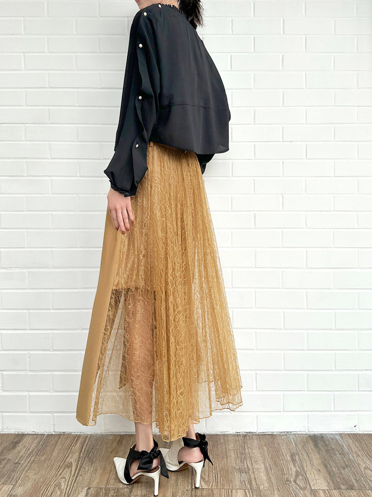 Last Chance! Black Pleated Pearly Buttons Slit Sleeves Cropped Blouse