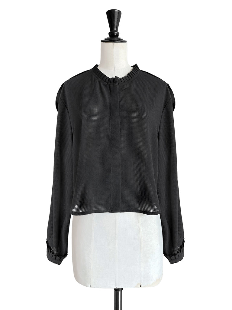 Last Chance! Black Pleated Pearly Buttons Slit Sleeves Cropped Blouse
