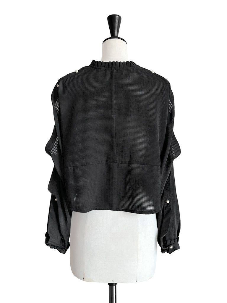 Last Chance! Black Pleated Pearly Buttons Slit Sleeves Cropped Blouse