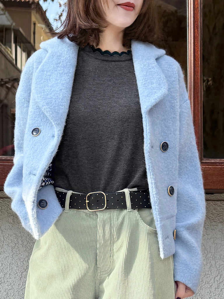 Final Sale! Candy Blue Petal Collar Furry Wool Teddy Short Coat