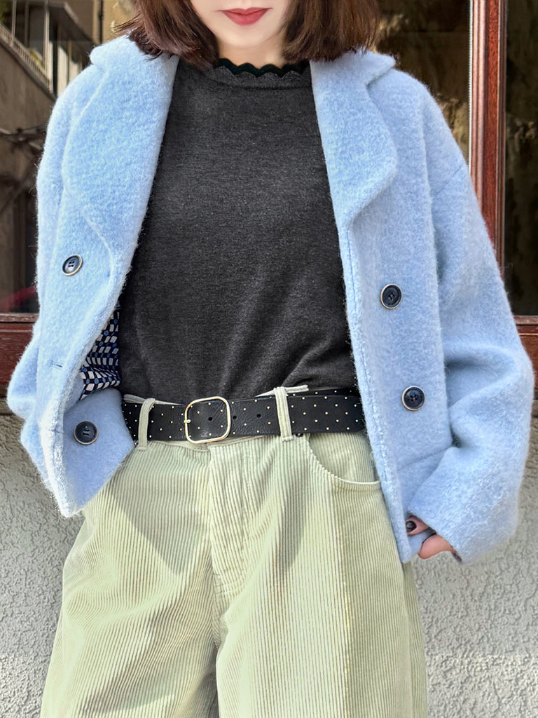Final Sale! Candy Blue Petal Collar Furry Wool Teddy Short Coat