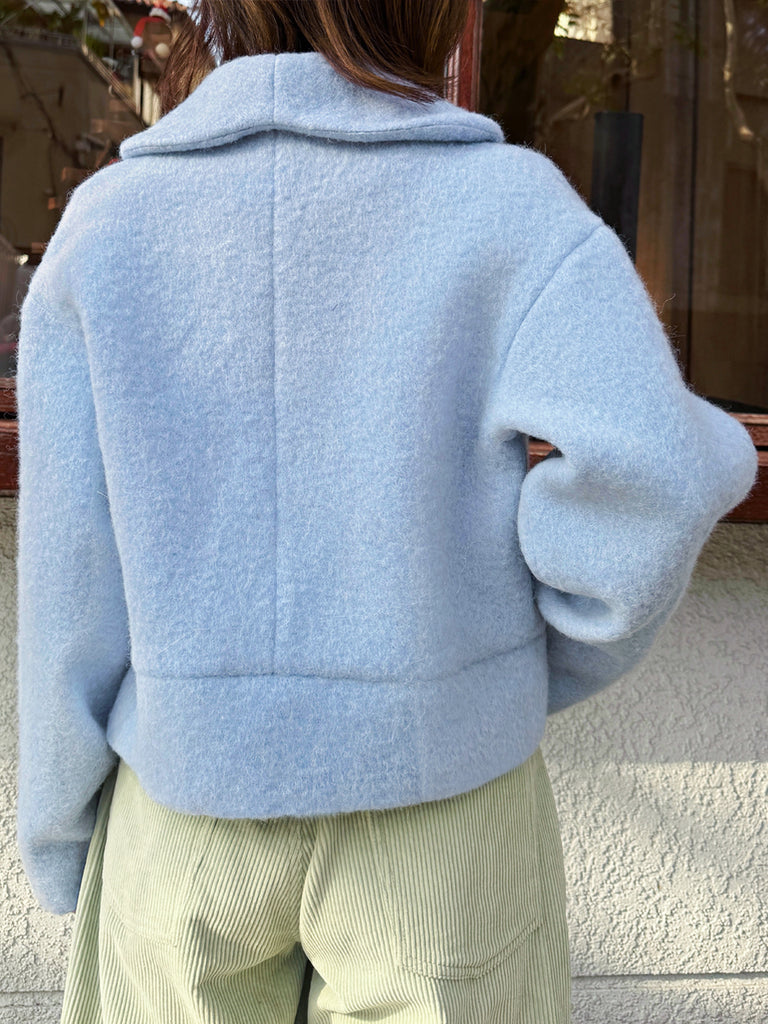 Final Sale! Candy Blue Petal Collar Furry Wool Teddy Short Coat