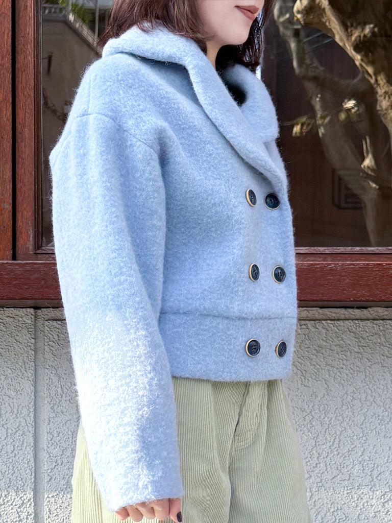 Final Sale! Candy Blue Petal Collar Furry Wool Teddy Short Coat