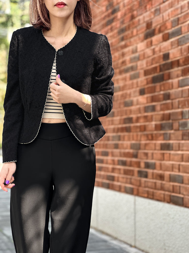 紋理黑色扇貝縫邊荷葉邊春季夾克