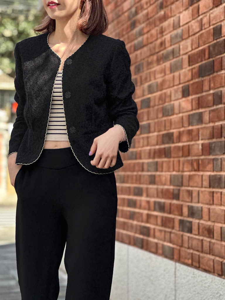 紋理黑色扇貝縫邊荷葉邊春季夾克