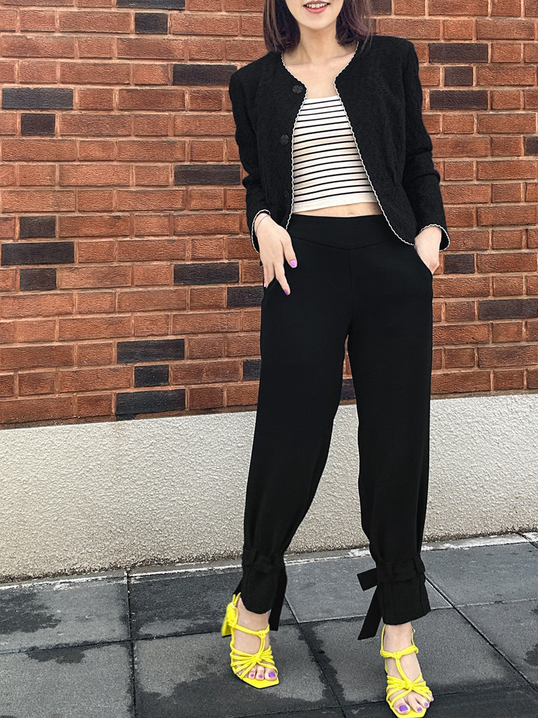 紋理黑色扇貝縫邊荷葉邊春季夾克