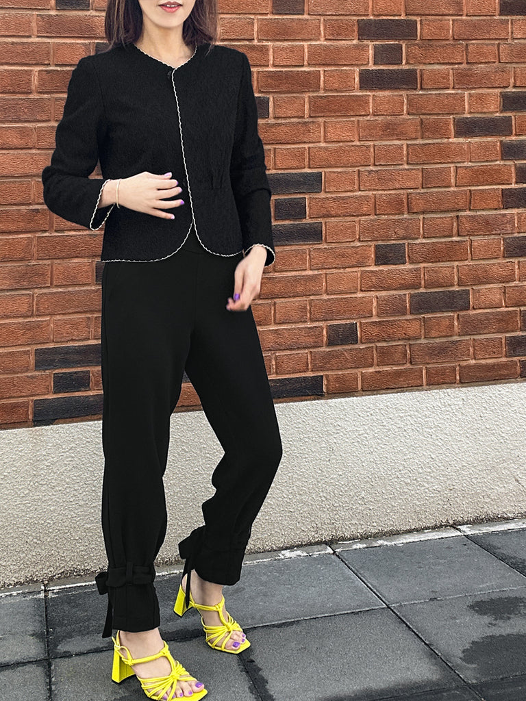 紋理黑色扇貝縫邊荷葉邊春季夾克