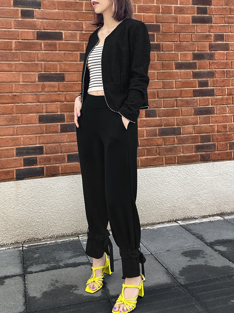 紋理黑色扇貝縫邊荷葉邊春季夾克